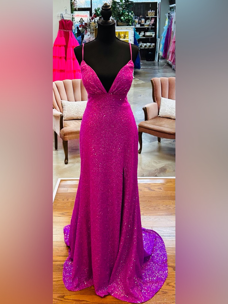 Sparkling Hot Pink V-Neck Prom Gown